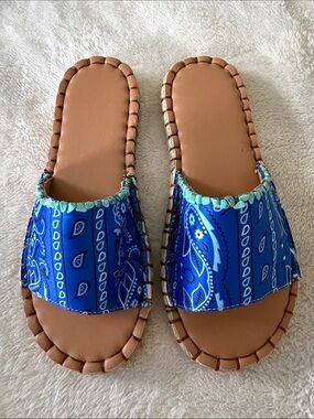 Women's Blue Bandana Slide Sandals with Tan Footbed